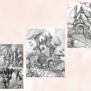 45 Forest Fairy Coloring Book, Printable Fairy Garden Scene Coloring Pages, Fairytale Castle Landscapes Grayscale Coloring Book for Adults