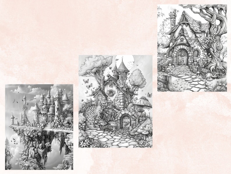 45 Forest Fairy Coloring Book, Printable Fairy Garden Scene Coloring Pages, Fairytale Castle Landscapes Grayscale Coloring Book for Adults