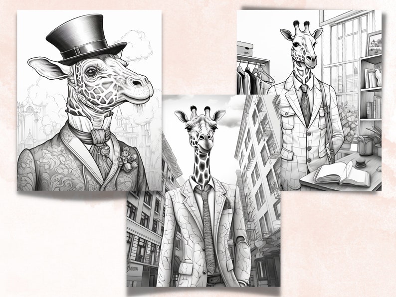 50 Fantasy Giraffe Coloring Book, Printable Secret Life of Giraffe Coloring Pages, Grayscale Cute Animal Coloring Book for Adults and Kids