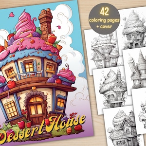 42 Dessert Houses Coloring Book, Printable Fantasy Cupcake Ice Cream Gingerbread Cake Coloring Pages, Grayscale Coloring Book for Adults