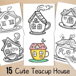 Bold and Easy House Coloring Book, Fantasy Teacup House Coloring Pages, Cute Teacup House Coloring, Relaxing Activity for Adults and Kids