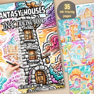 Puede incluir: Un libro de trazado de tinta con temática de fantasía titulado "Fantasy Houses" con 35 páginas de trazado de tinta. La portada presenta una colorida ilustración de una torre. Páginas adicionales muestran varios diseños de casas de fantasía.