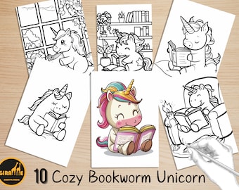 Cute And Cozy Easy Coloring Book, Kawaii Bookworm Unicorn Scenes Coloring Pages, Cozy Animals Coloring, Relaxing Activity for Adult and Kids