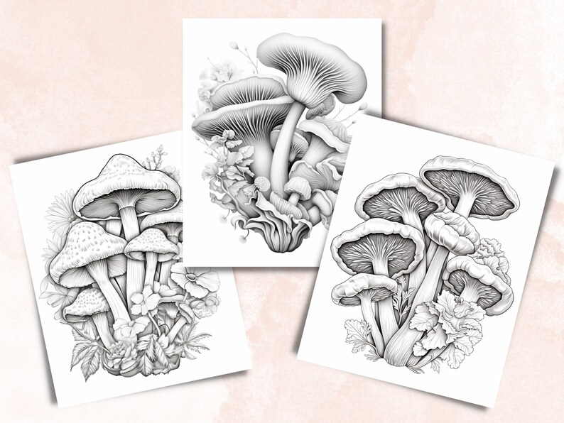 May include: Three black and white illustrations of mushrooms with intricate details. The mushrooms are surrounded by leaves and flowers.