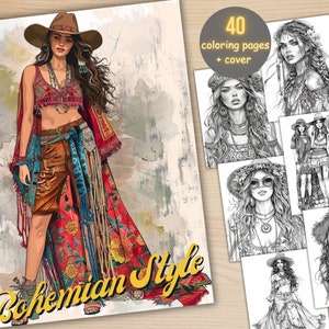 40 Bohemian Style Girls Coloring Book, Printable PDF, Boho Floral Women Coloring Pages, Grayscale Fashion Coloring Book for Adults and Kids