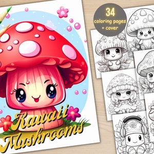 Może przedstawiać: Książka do kolorowania z 34 stronami przedstawiającymi urocze grzyby kawaii. Okładka przedstawia czerwonego i białego grzyba z uśmiechającą się twarzą. Tekst "Kawaii Mushrooms" jest napisany złotymi literami pod grzybem.
