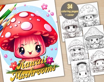 34 Cute Kawaii Mushrooms Coloring Book, Printable PDF, Adorable Mushroom Cuties Coloring Pages, Grayscale Coloring Book for Adults and Kids