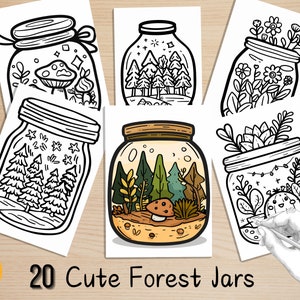 Bold and Easy Coloring Book, Cute Kawaii Forest Jar Coloring Pages, Enchanted Forest Scenes Coloring, Relaxing Activity for Adults and Kids