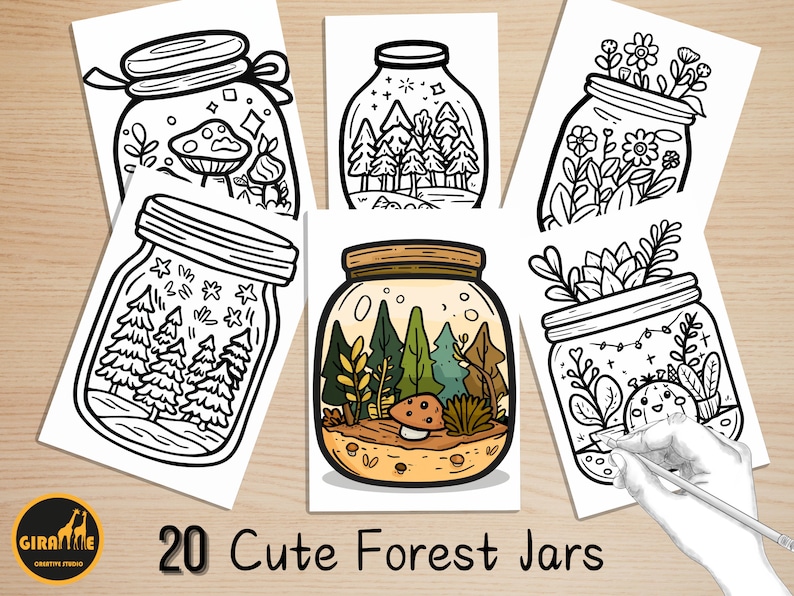 Bold and Easy Coloring Book, Cute Kawaii Forest Jar Coloring Pages, Enchanted Forest Scenes Coloring, Relaxing Activity for Adults and Kids