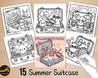 Libro para colorear fácil y atrevido, páginas para colorear de maletas de verano, lindas escenas kawaii de verano para colorear, actividad relajante para adultos, alivio del estrés