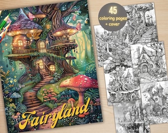 45 Forest Fairy Coloring Book, Printable Fantasy Fairy Garden Coloring Pages, Fairytale Castle Landscapes Grayscale Coloring Book for Adults