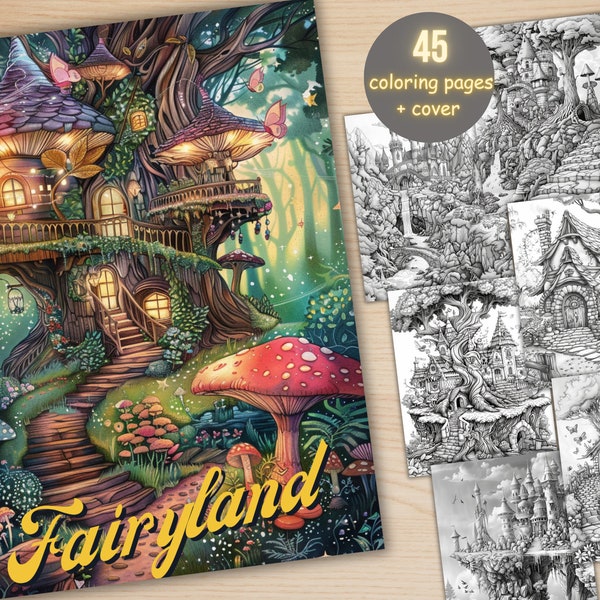 45 Forest Fairy Coloring Book, Printable Fantasy Fairy Garden Coloring Pages, Fairytale Castle Landscapes Grayscale Coloring Book for Adults