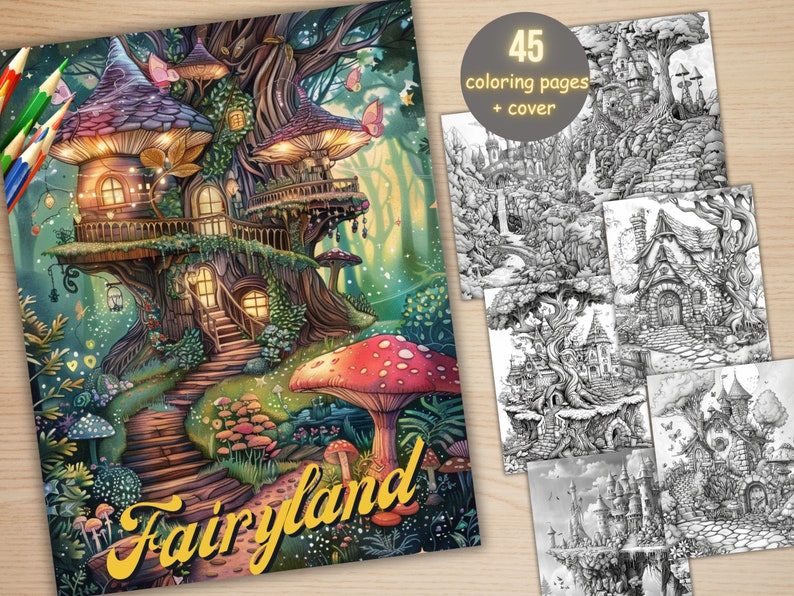 45 Forest Fairy Coloring Book, Printable Fairy Garden Scene Coloring Pages, Fairytale Castle Landscapes Grayscale Coloring Book for Adults