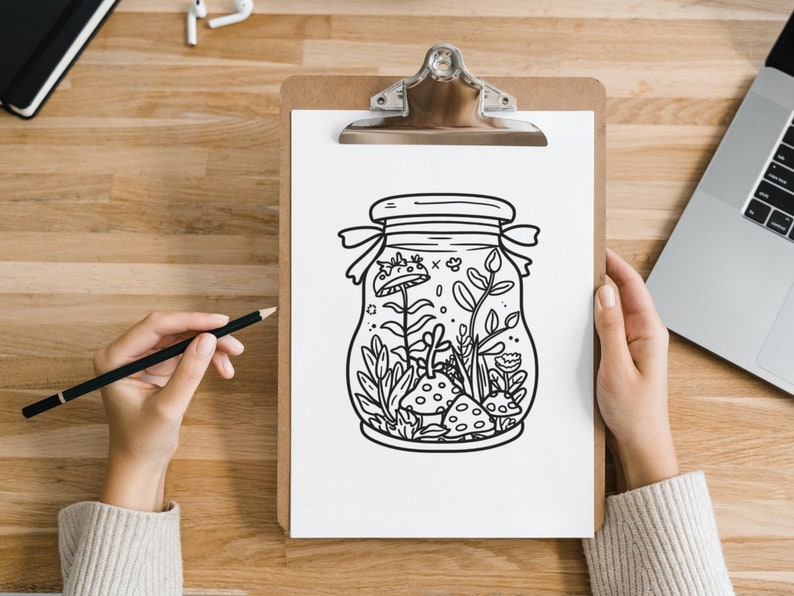 Bold and Easy Coloring Book, Cute Kawaii Forest Jar Coloring Pages, Enchanted Forest Scenes Coloring, Relaxing Activity for Adults and Kids