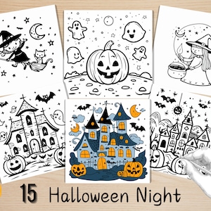 Bold and Easy Coloring Book, Kawaii Halloween Night Coloring Pages, Cute Spooky Halloween Coloring, Relaxing Activity for Adults and Kids