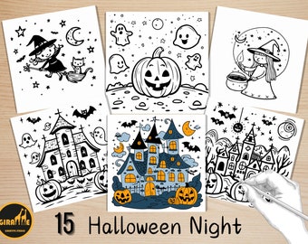 Bold and Easy Coloring Book, Kawaii Halloween Night Coloring Pages, Cute Spooky Halloween Coloring, Relaxing Activity for Adults and Kids