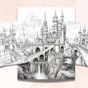 Puede incluir: Tres ilustraciones en blanco y negro de castillos de fantas&iacute;a con puentes y cascadas. Los castillos son detallados e intrincados, con torres, chapiteles y ventanas.