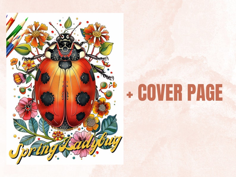 40 Spring Ladybugs Coloring Book, Printable Floral Ladybirds Coloring Pages, Grayscale Spring Flowers Insect Coloring Book for Adults Kids