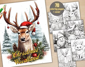 70 Christmas Woodland Coloring Book, Printable Xmas Noel Forest Coloring Pages, Grayscale Winter Animals Coloring Book for Adults and Kids