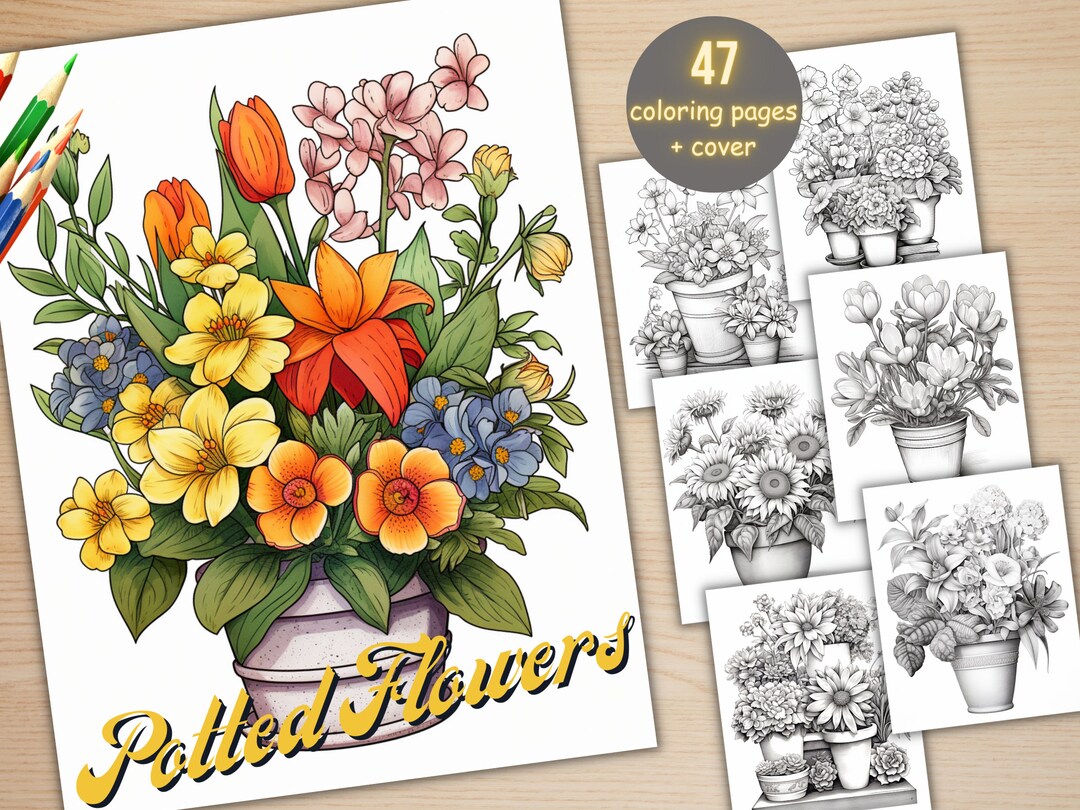 47 Potted Flowers Coloring Book, Printable PDF, Botanical Floral Plant ...