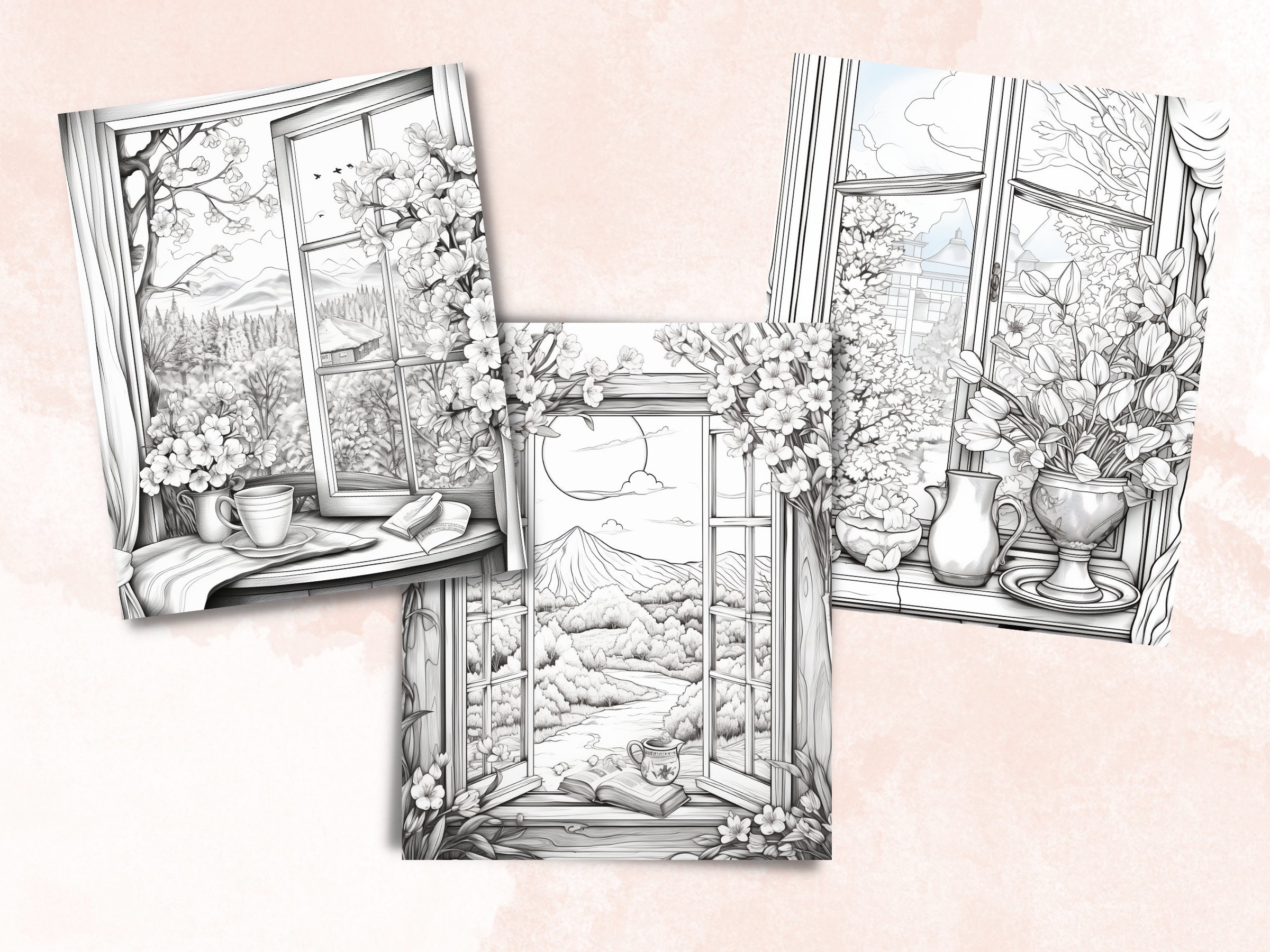45 Floral Window Coloring Book, Printable Enchanted Fantasy Open ...