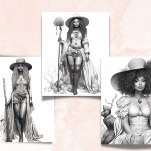 May include: Three black and white illustrations of women wearing hats and dresses. The women are all standing or sitting in different poses. The illustrations are drawn in a realistic style.