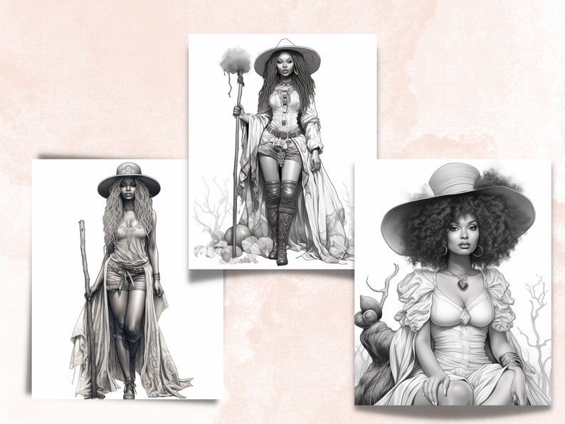 May include: Three black and white illustrations of women wearing hats and dresses. The women are all standing or sitting in different poses. The illustrations are drawn in a realistic style.