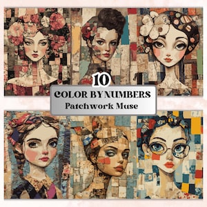Peut inclure: Impression numérique présentant six portraits de femmes stylisées, avec des fonds en patchwork. Le texte "10 COLOR BY NUMBERS Patchwork Muse" est affiché. La palette de couleurs comprend des tons sourds de beige, de rouge et de bleu.