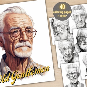 40 Old Gentlemen Portrait Coloring Book, Printable Wrinkled Elderly Man Coloring Pages, Realistic Grayscale Old Men Coloring Book for Adults