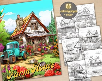55 Farm House Coloring Book, Printable Fantasy Cottage Coloring Pages, Grayscale Farm Life Coloring Book for Adults, Dark & Light Version