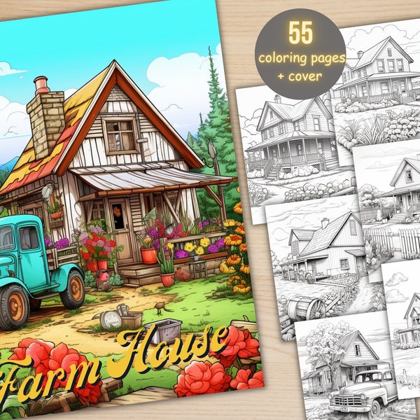 55 Farm House Coloring Book, Printable Fantasy Cottage Coloring Pages, Grayscale Farm Life Coloring Book for Adults, Dark & Light Version