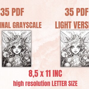 May include: Two black and white illustrations of a fairy with wings and flowers. The image on the left is labeled "Original Grayscale" and the image on the right is labeled "Light Version". Both images are 8.5 x 11 inches.