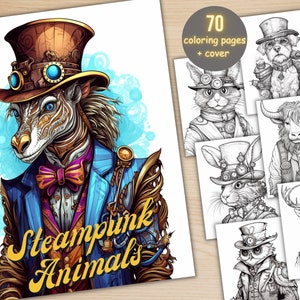 70 枚のスチームパンク動物の塗り絵、印刷可能なおとぎ話の動物の塗り絵、大人と子供向けのグレースケールのかわいいスチームパンク塗り絵