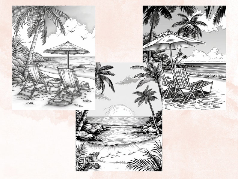 55 Summer Beach Coloring Book, Printable Summer Sea View Coloring Pages, Grayscale Tropical Vacation Landscape Coloring Book for Adults Kids