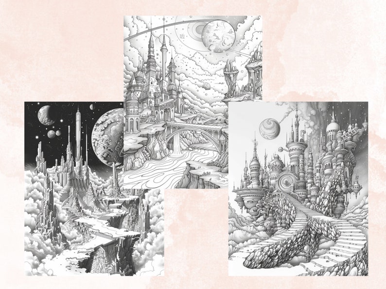 50 Enchanted Galaxy Coloring Book, Printable Fantasy Cosmic Coloring Pages, Celestial Space Grayscale Coloring Book for Adults and Kids