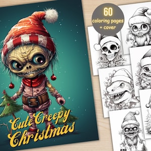 60 Cute Creepy Christmas Bundle Coloring Book, Printable Horror Xmas Coloring Pages, Grayscale Dark Scary Christmas Coloring Book for Adults