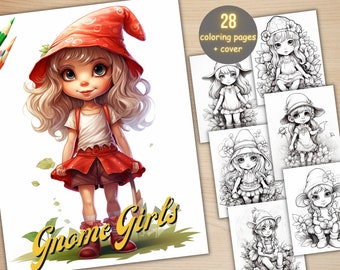 28 Garden Gnome Girls Coloring Book, Printable Floral Cute Gnome Coloring Pages, Grayscale Coloring Book for Adults, Relax and Stress Relief