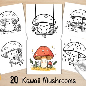 Op de afbeelding: Een set van 20 zwart-witte lijntekeningen van schattige cartoon-paddenstoelen. Elke paddenstoel heeft een andere uitdrukking en doet een andere activiteit, zoals een boek lezen, schommelen op een schommel of picknicken aan een picknicktafel. De tekst "20 Kawaii Mushrooms" staat onderaan de afbeelding.