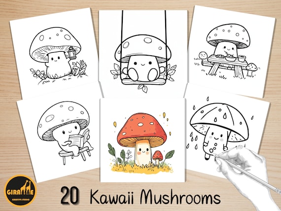 Bold and Easy Coloring Book, Kawaii Mushroom Coloring Pages, Cute Funny Mushrooms Coloring, Cozy Relaxing Activity for Adults and Kids