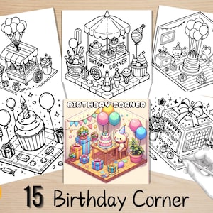 Bold and Easy Coloring Book, Cute Birthday Corner Coloring Pages, Cozy Birthday Party Coloring, Relaxing Activity for Adults, Stress Relief