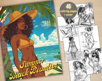 45 Summer Black Beauties Coloring Book, Printable Beach Afro Woman Coloring Pages, Enchanted Grayscale African Girl Coloring Book for Adults