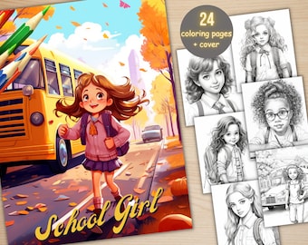 24 School Girl Coloring Book, Printable PDF, Pretty Little Cute Academy Girls Coloring Pages, Grayscale Coloring Book for Adults and Kids