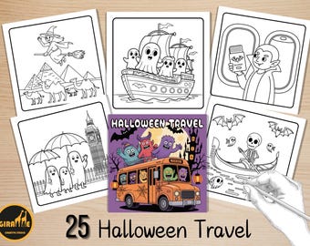 Libro para colorear de viajes de Halloween, páginas para colorear de momentos espeluznantes, escenas de Halloween espeluznantes para colorear, actividad relajante para adultos y niños