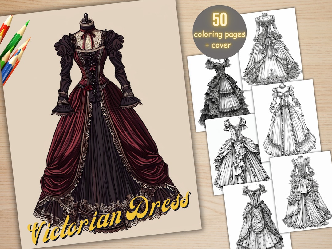 50 Victorian Dress Coloring Book, Printable Vintage Fashion Dress