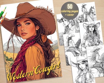 50 Western Cowgirls Coloring Book, Printable Wild West Cowgirl Coloring Pages, Horses Coloring, Grayscale Desert Coloring Book for Adults