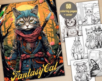 50 Fantasy Cat Coloring Book, Printable Secret Life of Cat Coloring Pages, Grayscale Cute Kitten Animal Coloring Book for Adults and Kids