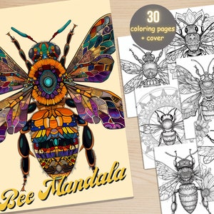 Puede incluir: Un libro para colorear con un diseño de mandala de abeja en la portada. La abeja está compuesta por intrincados patrones y colores. El libro incluye 30 páginas para colorear y una portada.