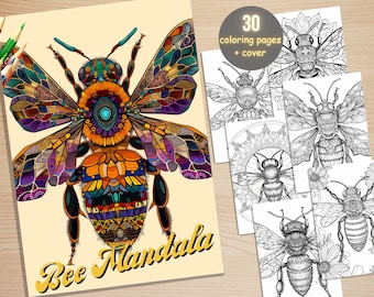 30 Bee Mandala Coloring Book, Printable Stress Relief Patterns Coloring Pages, Mandala Animals Coloring Book for Adult, Bee Coloring Pages