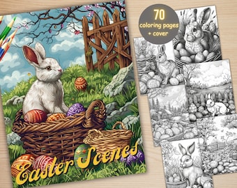 70 Easter Scenes Coloring Book, Printable Easter Bunny Coloring Pages, Grayscale Spring Forest Landscape Coloring Book for Adults and Kids