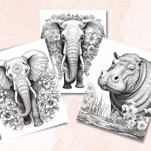 May include: Three black and white illustrations of animals. The first image is an elephant with flowers surrounding it. The second image is an elephant with flowers surrounding it. The third image is a hippopotamus with flowers surrounding it.